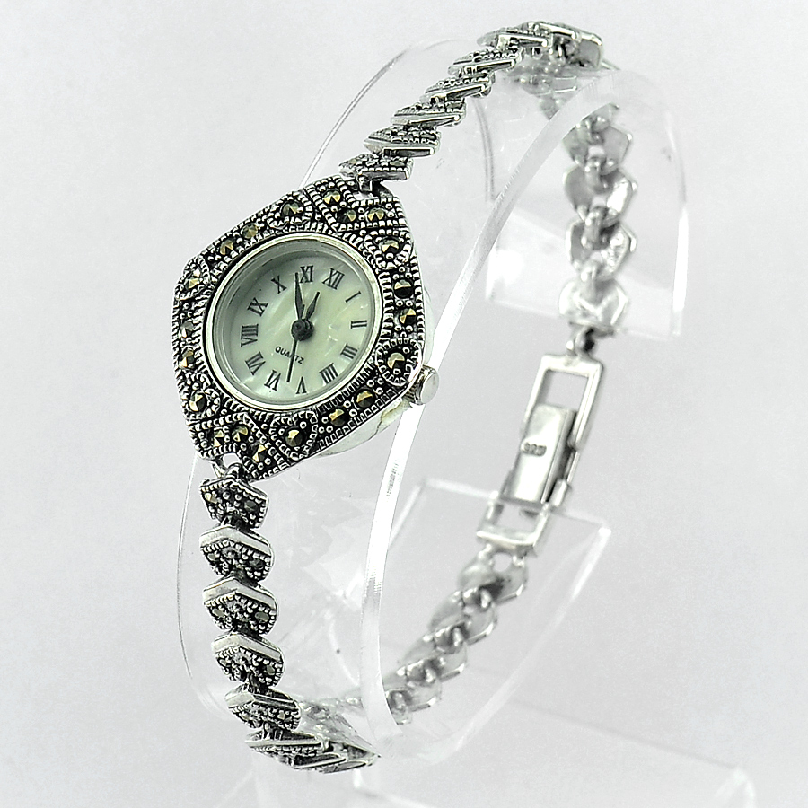 22.35 G. Silver Jewelry Watch Natural Black Marcasite Length 7.5 Inch