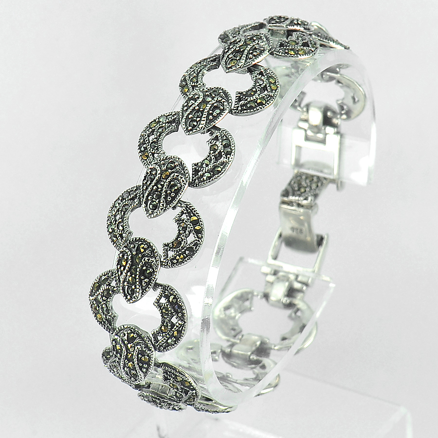 27.65 G. Wonderful Round Black Marcasite 925 Silver Jewelry Bracelet 7.5 Inch