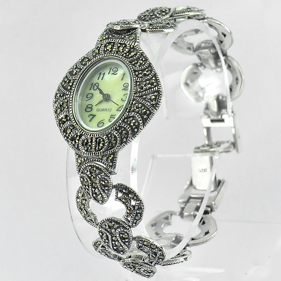 37.22 G. Beauteous 925 Silver Jewelry Watch Black Marcasite 7.5 Inch.