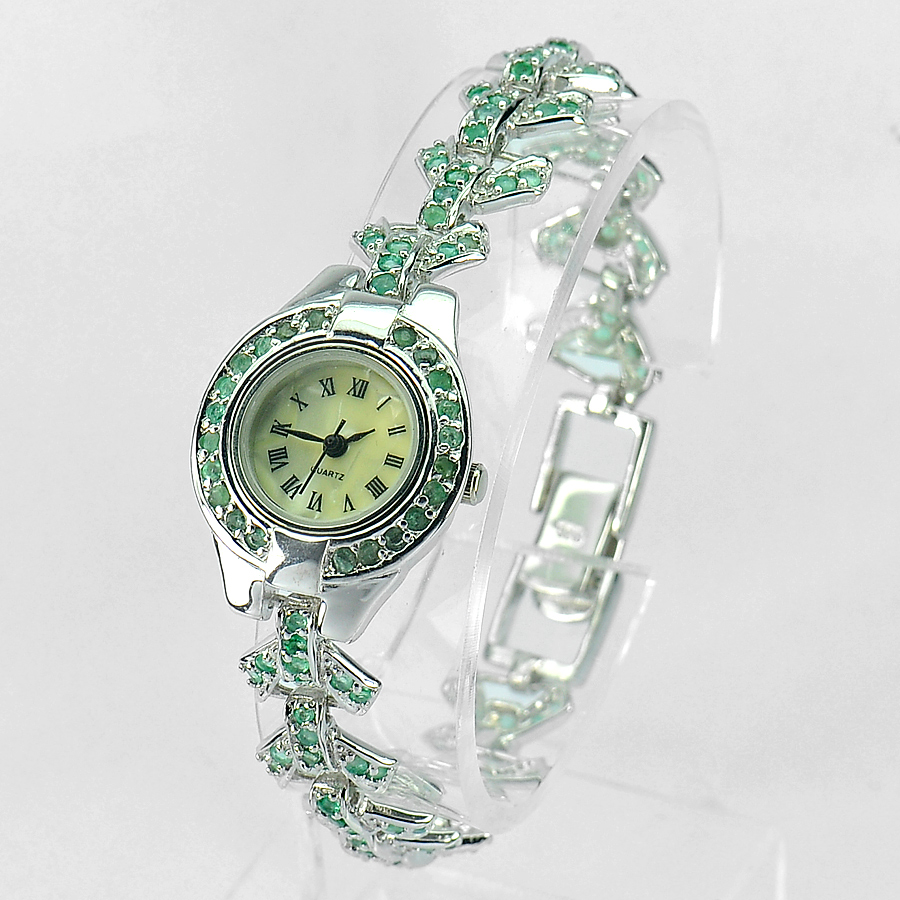 33.56 G. Round Green Emerald Natural 925 Silver Jewelry Watch 8 Inch.