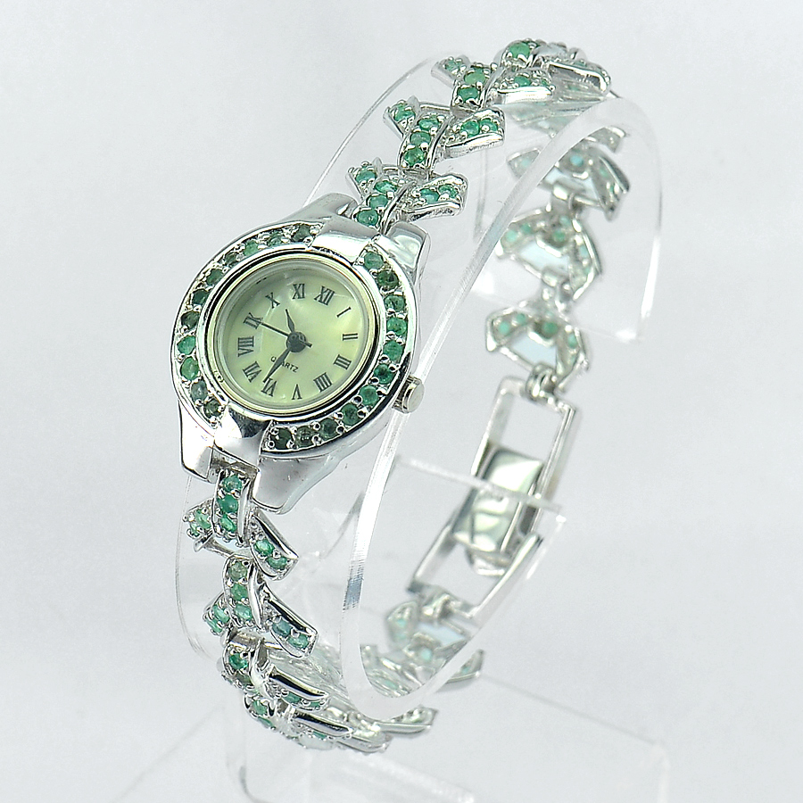 Many Round Green Emerald 33.32 G. Natural 925 Silver Jewelry Watch 8 Inch.