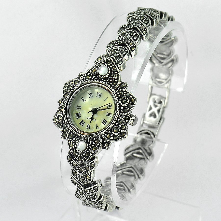 35.00 G. Sterling Silver Jewelry Watch Length 8 Inch. Natural Black Marcasite