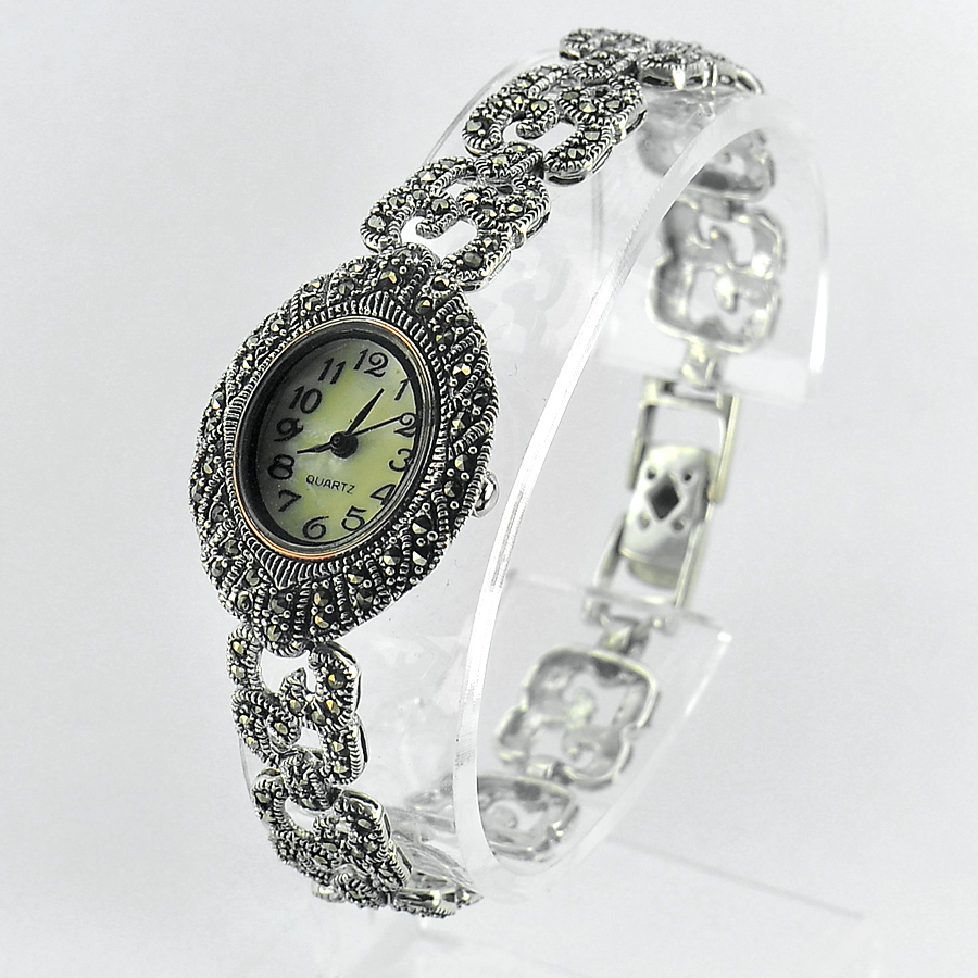 25.00 G. Beautiful Black Marcasite 925 Silver Jewelry Watch Length 8 Inch.