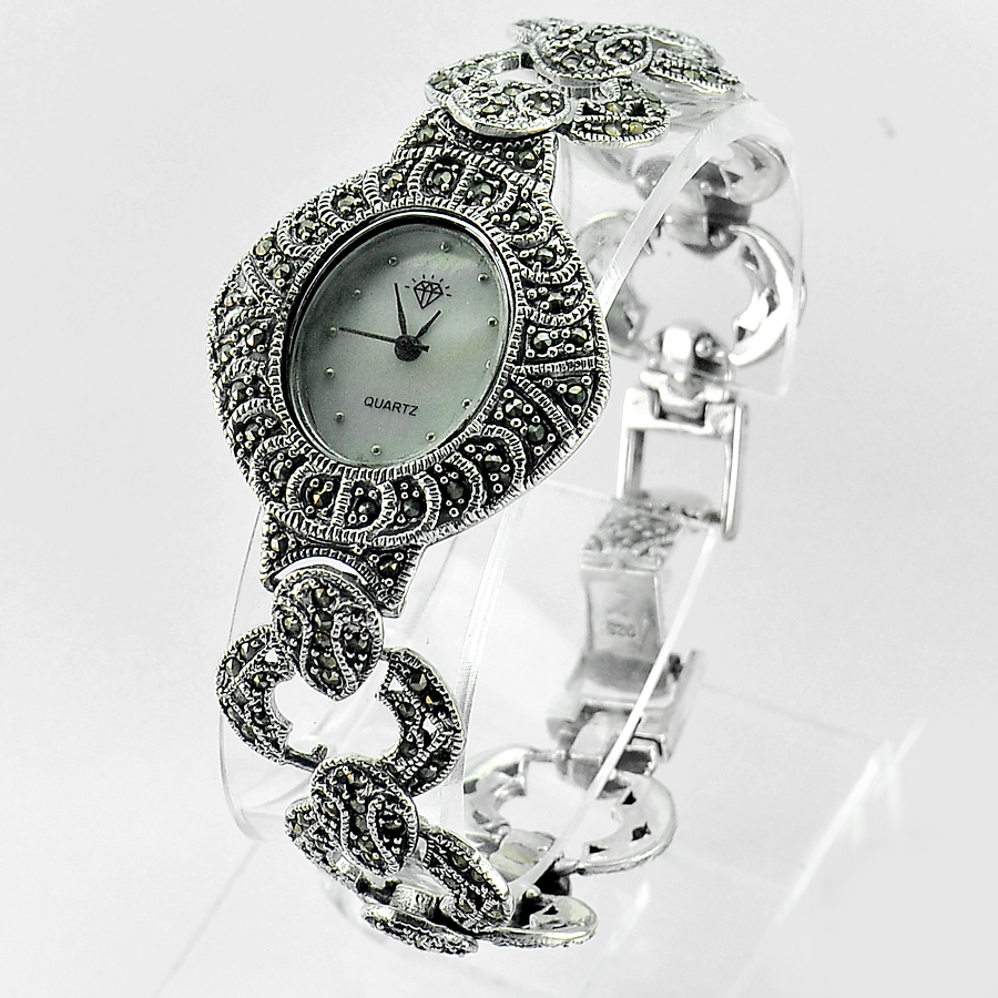 40.00 G. Beautiful 925 Sterling Silver Black Marcasite Watch Length 7.7 Inch.