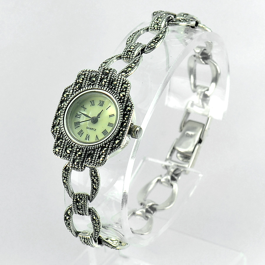 25.00 G. Beautiful 925 Sterling Silver Black Marcasite Watch Length 8 Inch.