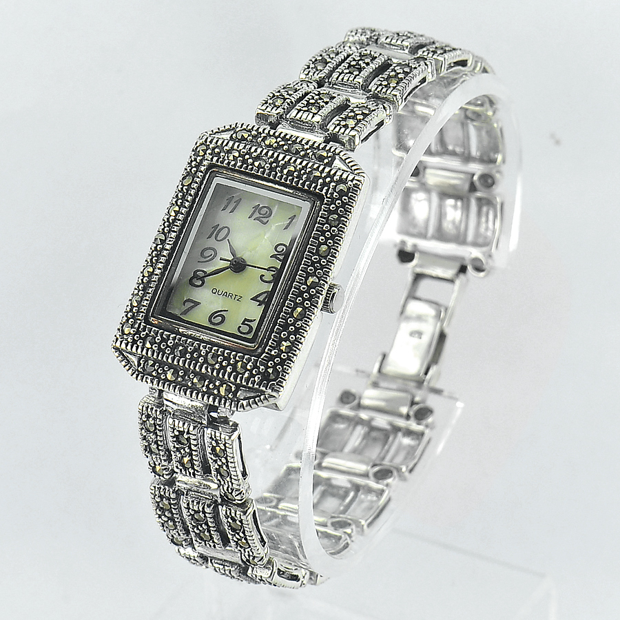 45.00 G. Nice Many Round Marcasite Natural 925 Silver Jewelry Watch 7.8 Inch.