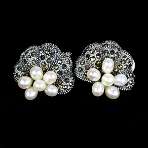 20.71 G. Oval Cabochon Pearl And Black Marcasite 925 Silver Jewelry Earrings