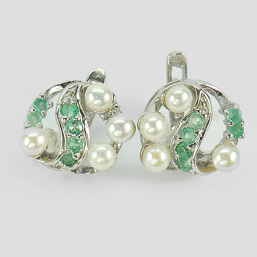 6.31 G. Beauty White Pearl And Green Emerald 925 Silver Jewelry Earrings