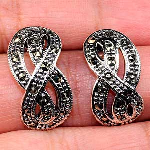 7.09 G. Balck Round Marcasite Sterling Silver 925 Jewelry Earrings