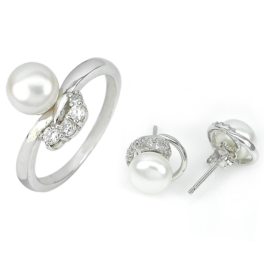 5.88 G.925 Sterling Silver Sets Ring Size 7.5 and Earrings Natural White Pearl