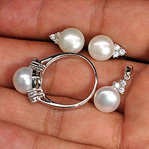Natural White Pearl with CZ Real 925 Sterling Silver Sets Ring Pendant Earrings