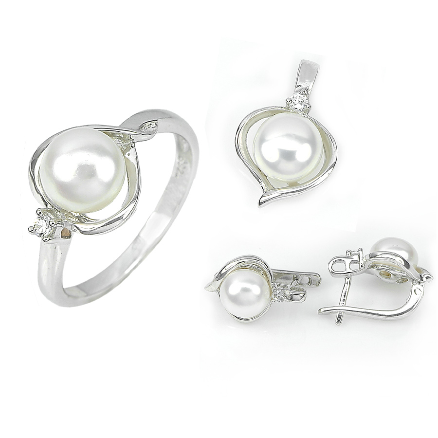9.25 G. Natural White Pearl 925 Sterling Silver Ring Pendant and Earrings
