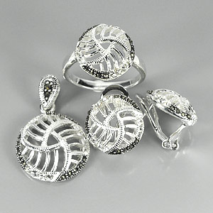Silver Jewelry Sets 13.04 G. Black Marcassite Ring Pendant Earrings