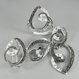 15.13 G. Round Black Marcasite Silver Jewelry Sets Ring Pendent Earrings