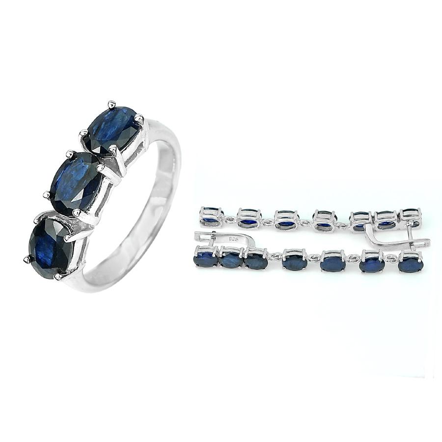 14.16 G. Natural Blue Sapphire 925 Sterling Silver Sets Ring Size 7 Earrings