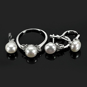 9.86 G. Natural White Pearl Jewelry Sets of Ring Pendant Earrings