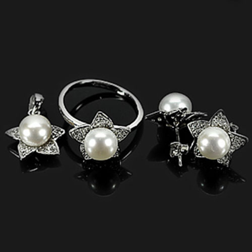 12.06 G. Natural White Pearl Silver Jewelry Sets Of Ring Pendant Earrings