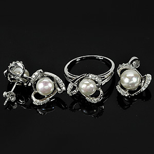 9.87 G. Silver Jewelry Sets of Natural White Pearl Ring Pendant Earrings