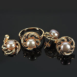 14.47 G. Rose Gold Silver Sets Of Natual Multi Color Pearl Ring Pendant Earrings