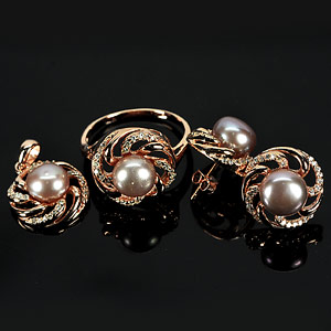 14.58 G. Natural Pearl Silver Rose Gold Jewelry Sets Of Ring Pendant Earrings