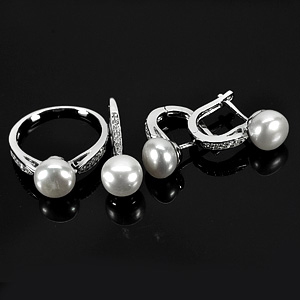 9.40 G. Natural White Pearl Sterling Silver Jewelry Sets Ring Pendant Earrings