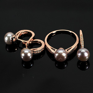 9.42 G. Silver Jewelry Set Rose Gold Ring Pendant Earrings Natural Pearl