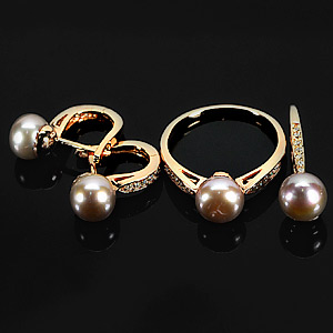 9.46 G. Natural Pearl Rose Gold 925 Silver Sets Of Ring Pendant Earrings