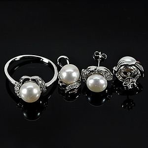 10.08 G. Beauty Natural White Pearl Silver Sets Of Ring Pendant Earrings