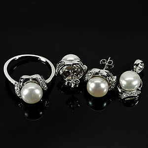 10.08 G. Natural White Pearl Sterling Ring Silver Sets Of Ring Pendant Earring