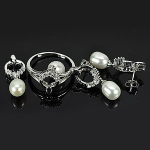 9.34 G. New Jewelry Set Sterling Silver White Pearl Ring Earrings Pendant