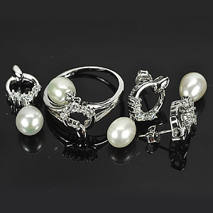 9.54 G. Ring Earrings Pendant Sterling Silver 925 Jewelry Natural White Pearl