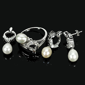 9.43 G. Sterling Silver 925 Natural White Pearl Ring Pendant Earrings