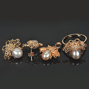 11.38 G. Wonderful Silver Rosed Gold Natural Pearl Ring Pendant Earrings