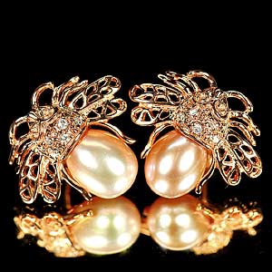 4.95 G. New Natural Orangish Pink Pearl Rose Gold Plated Silver Earrings