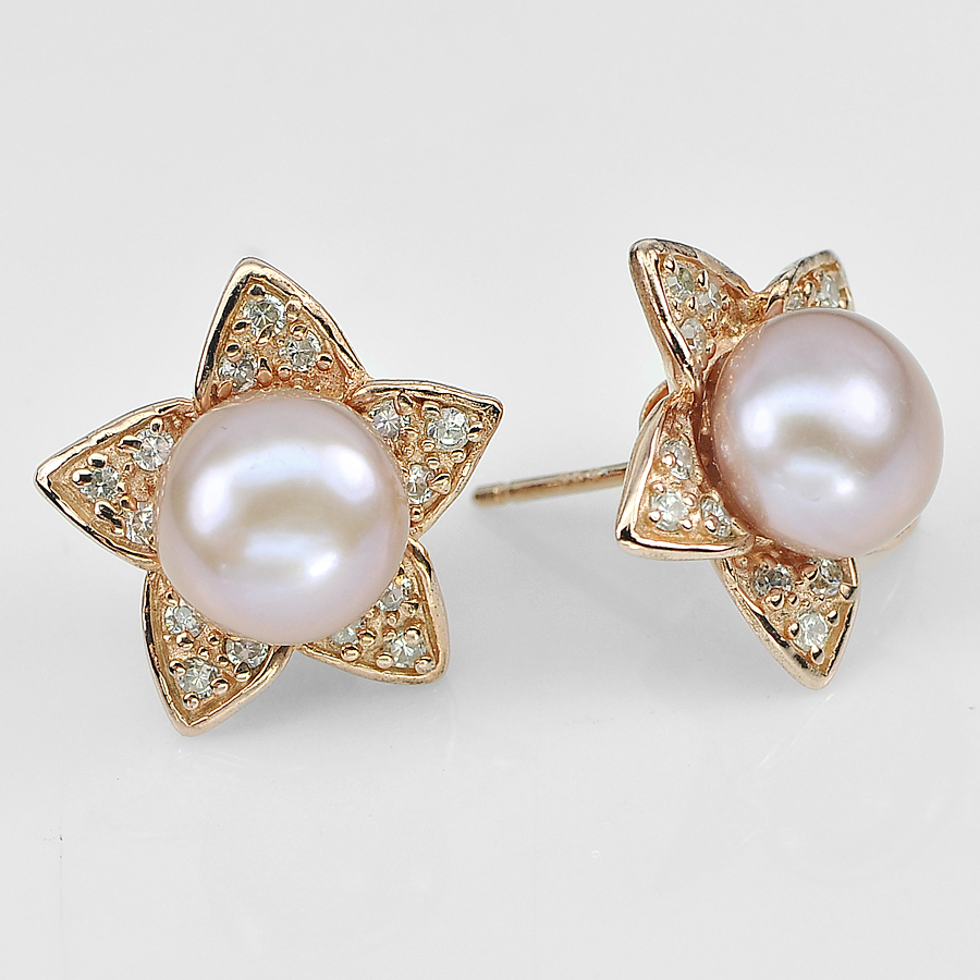 5.39 G. Beautiful Natural Purplish Pink Pearl Rose Gold Sterling Silver Earrings