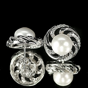 6.46 G. Round Cabochon Natural White Pearl Sterling Silver Earrings Jewelry