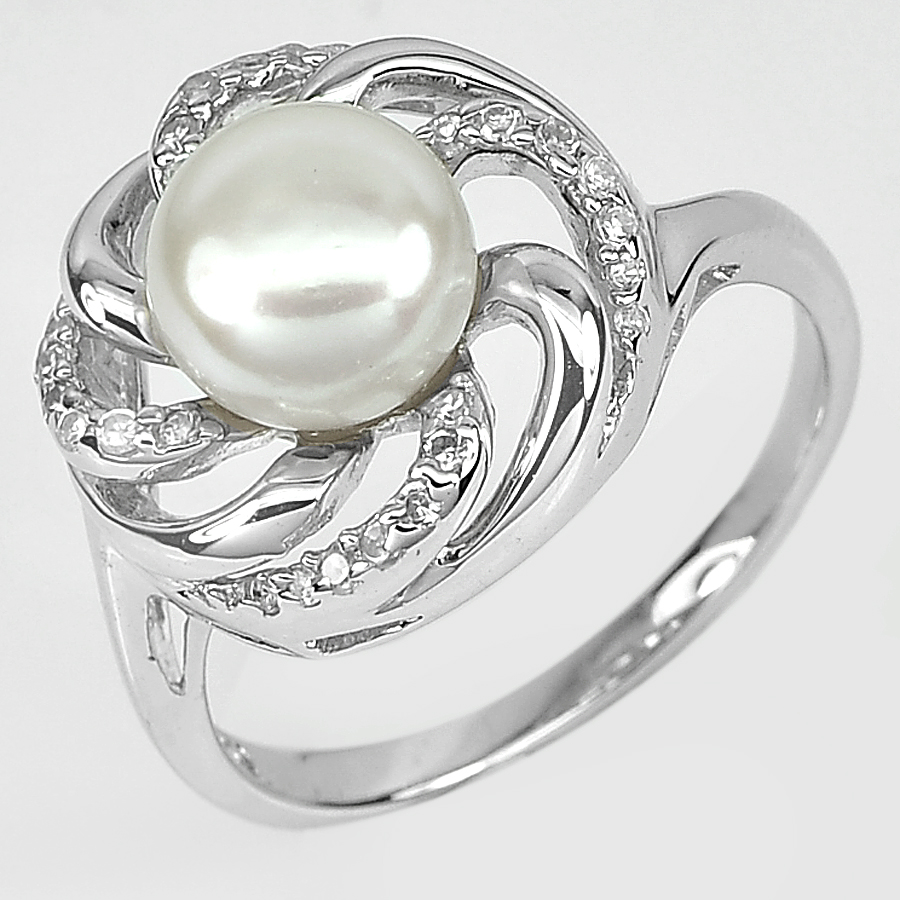 4.84 G. Round Natural White Pearl Jewelry Real 925 Sterling Silver Ring Size 8