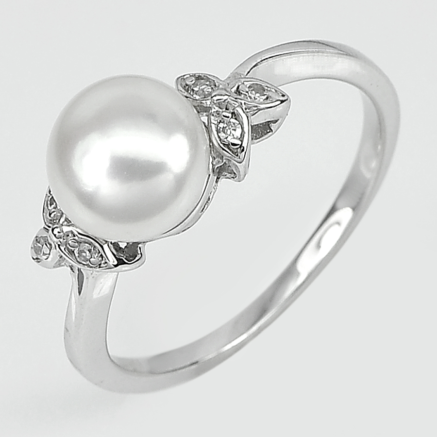 3.15 G. Round Cabochon Natural White Pearl Jewelry Sterling Silver Ring Size 9