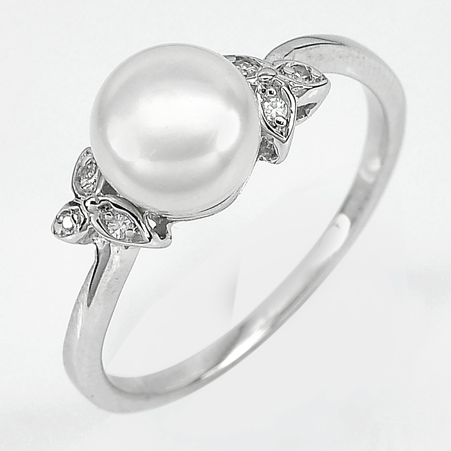2.93 G. New Design Natural White Pearl Jewelry Sterling Silver Ring Size 8