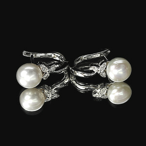 5.02 G. Good Round Cabochon Natural White Pearl Jewelry Sterling Silver Earrings