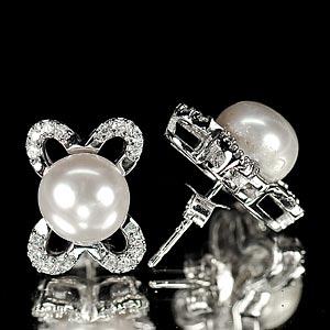 4.65 G. Round Cabochon Natural White Pearl Jewelry Sterling Silver Earrings