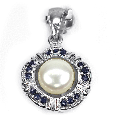5.03 G. Nice Natural Pearl and Sapphire 925 Silver Rhodium Plated Pendant