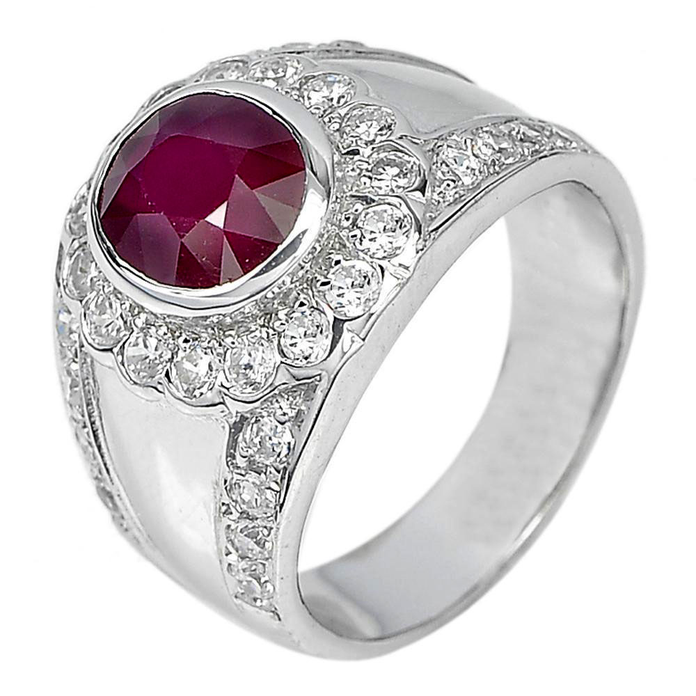 3.52 Ct.Oval Natural Gem Red Ruby with CZ Real 925 Sterling Silver Ring Size 7.5