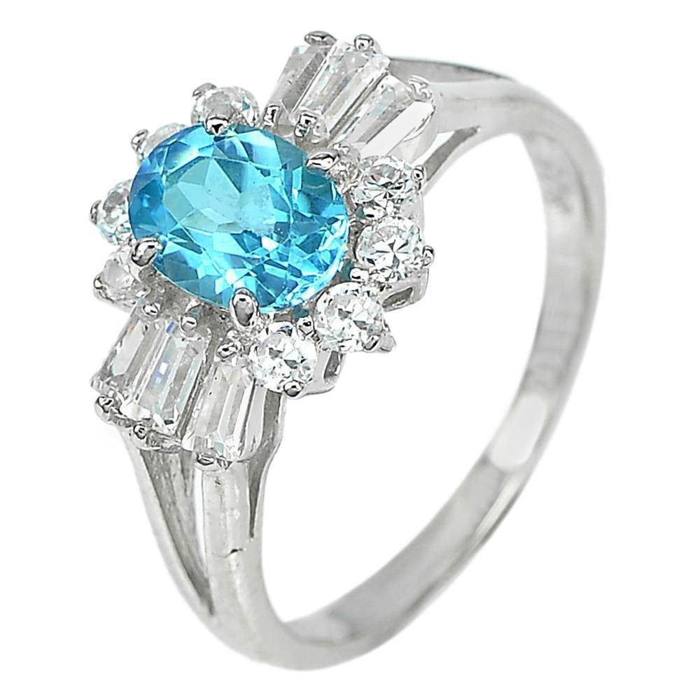 1.30 Ct.Gemstone Natural Blue Topaz with Cz 925 Sterling Silver Fine Ring Size 8