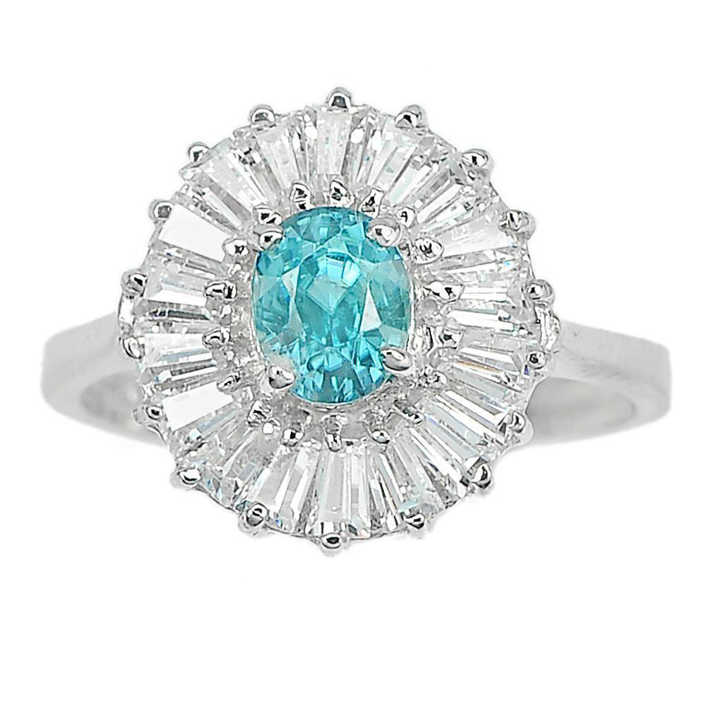 1.28 Ct. Natural Gem Oval Blue Zircon with CZ 925 Sterling Silver Ring Size 7