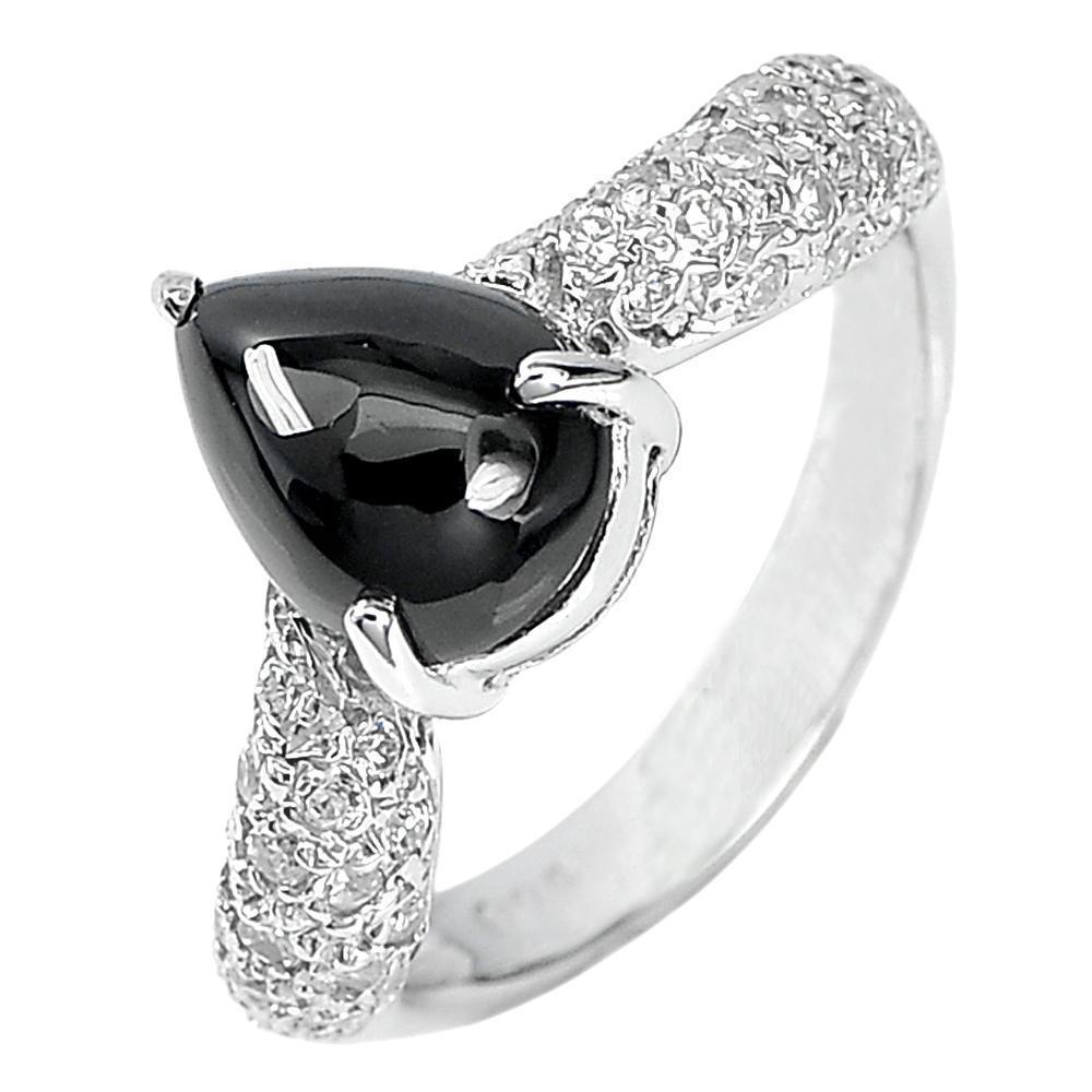 2.53 Ct. Gem Natural Pear Cab Black Spinel Real 925 Sterling Silver Ring Size 6