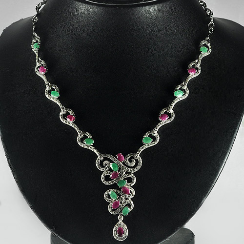 Natural Emerald and Ruby 925 Sterling Silver Jewelry Necklace Length 11 Inch.