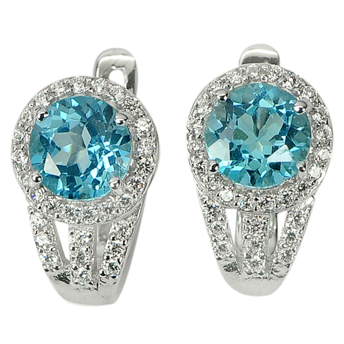 4.79 G. Beautiful Gems Swiss Blue Topaz Real 925 Sterling Silver Earrings