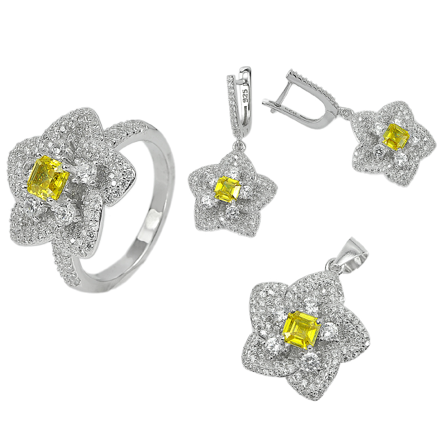 20.26 G. Square Yellow CZ Real 925 Sterling Silver Pendant Earrings Ring Size 8