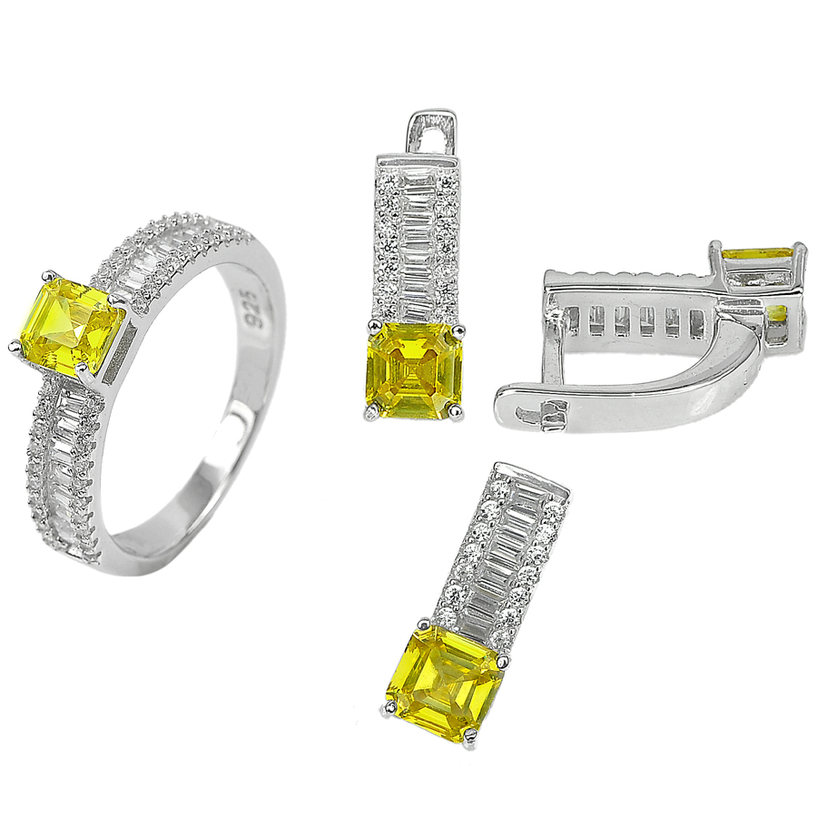 8.09 G. Square CZ Yellow Real 925 Sterling Silver Pendant Earrings Ring Size 7